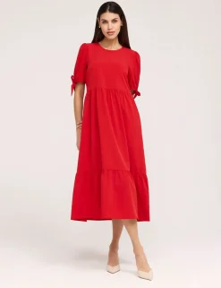Crepe Tie Detail Tiered Midi Dress