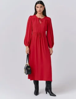 Crepe Tie Neck Midi Smock Dress