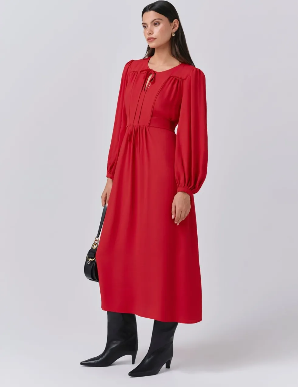 Crepe Tie Neck Midi Smock Dress
