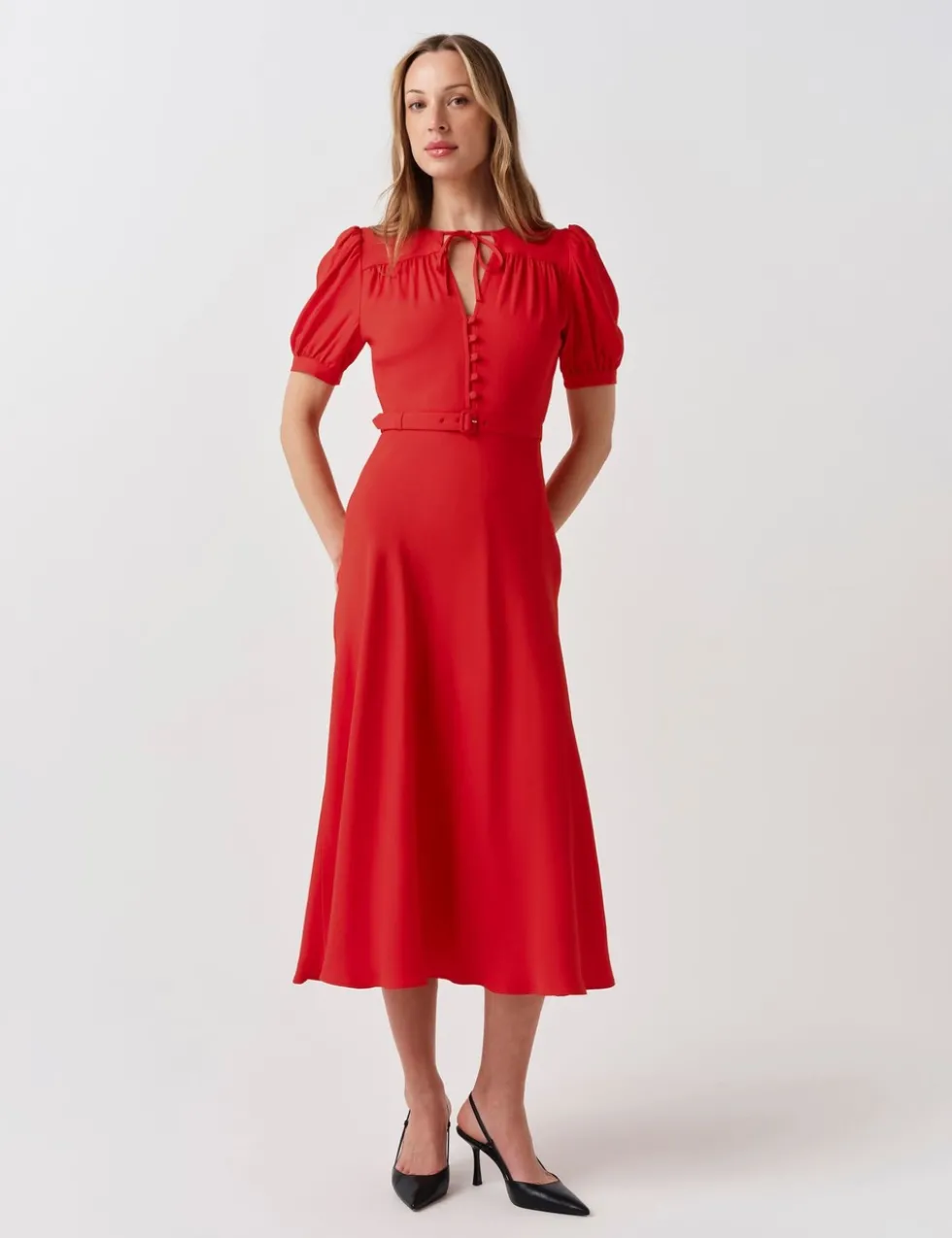 Crepe Tie Neck Midi Waisted Dress