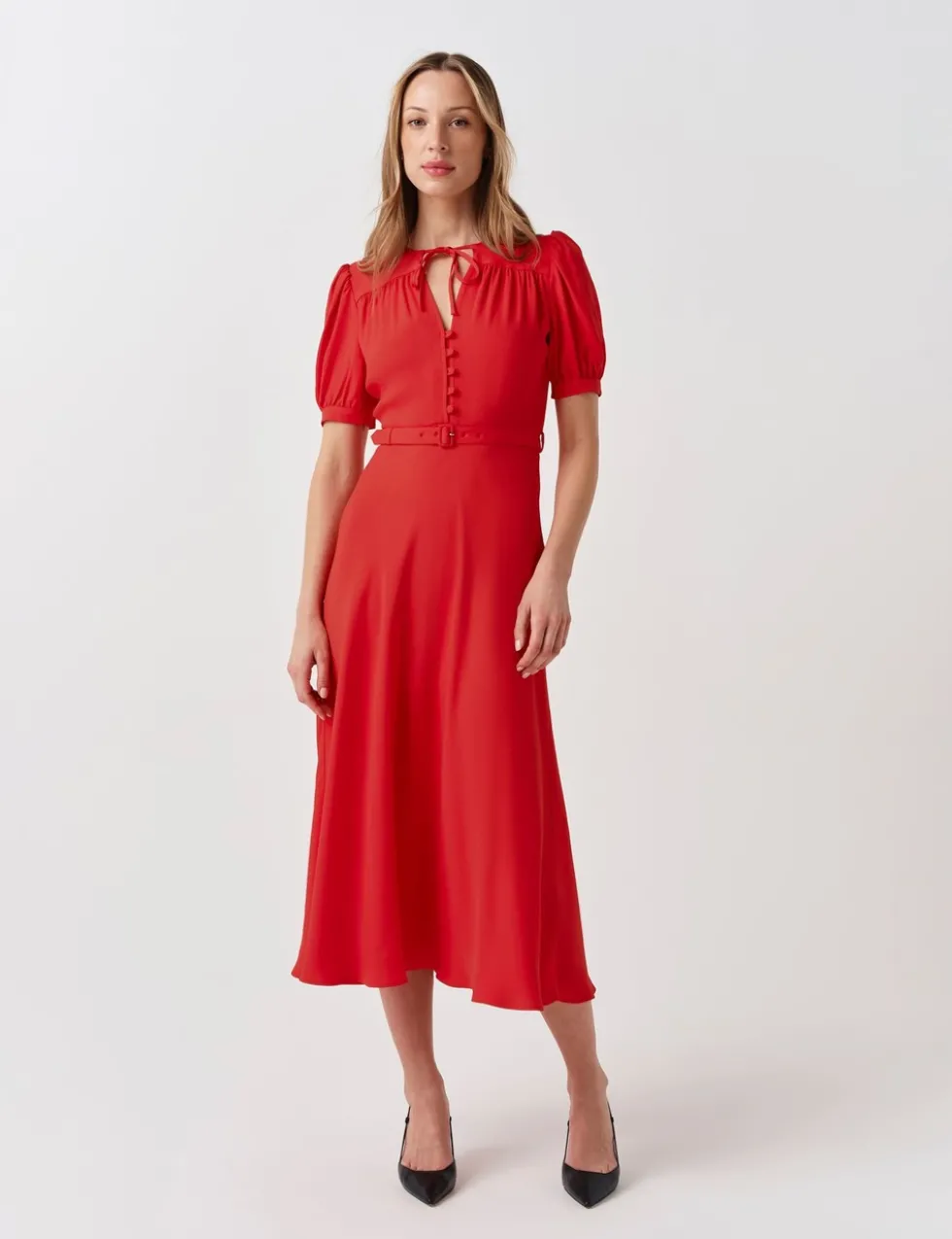 Crepe Tie Neck Midi Waisted Dress