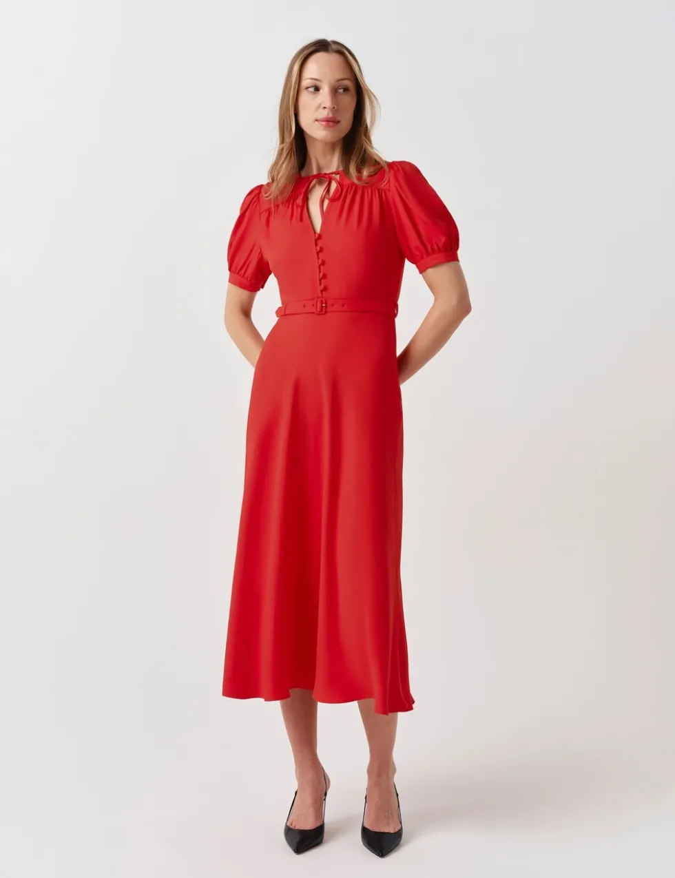 Crepe Tie Neck Midi Waisted Dress