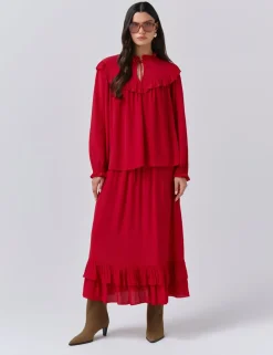 Crepe Tie Neck Ruffle Blouson Sleeve Blouse
