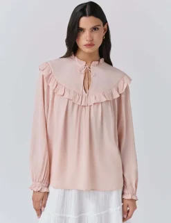 Crepe Tie Neck Ruffle Blouson Sleeve Blouse
