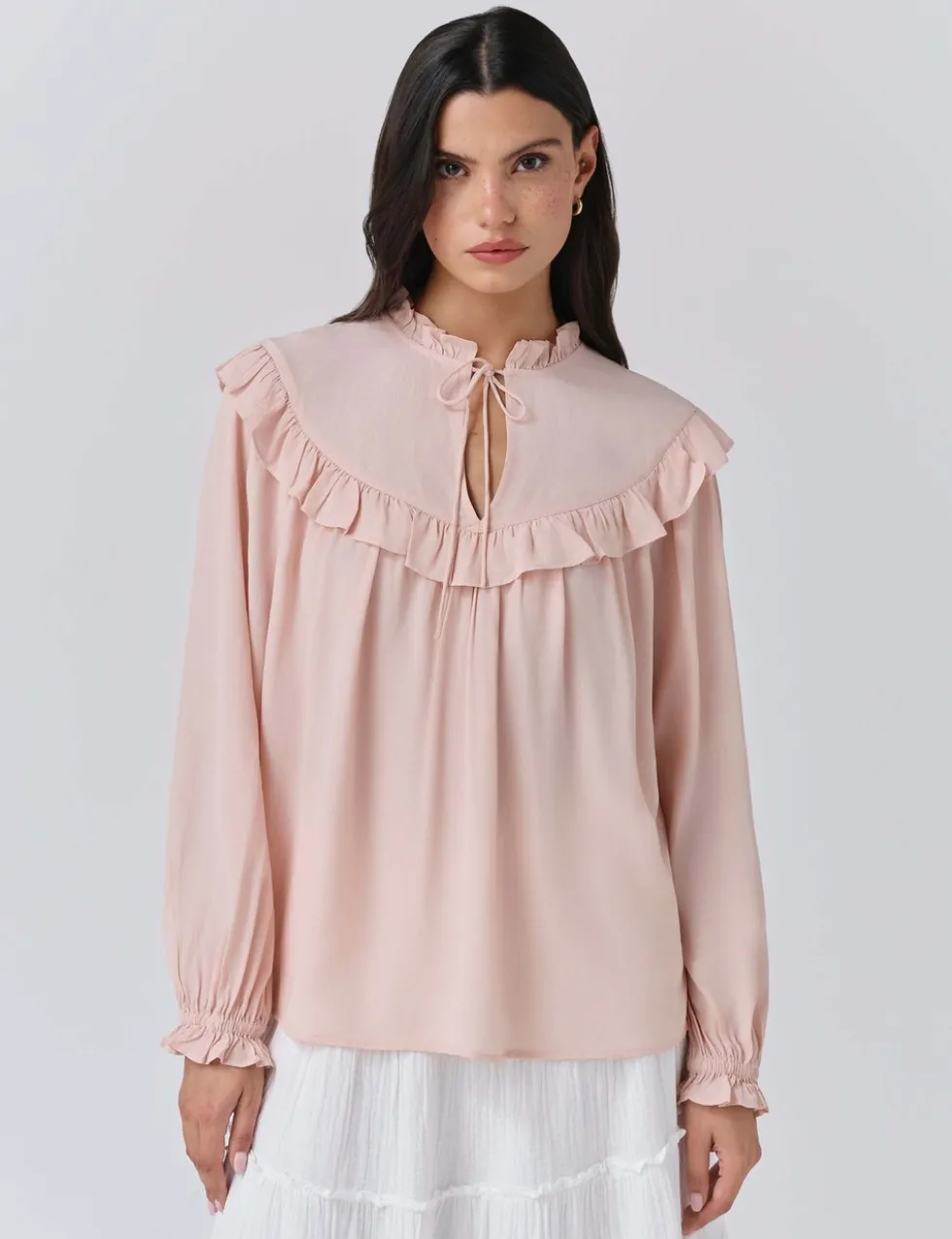 Crepe Tie Neck Ruffle Blouson Sleeve Blouse
