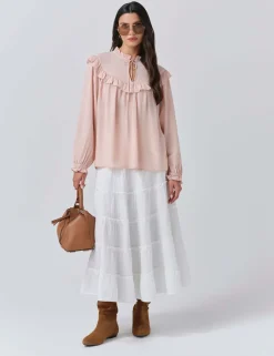 Crepe Tie Neck Ruffle Blouson Sleeve Blouse