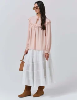 Crepe Tie Neck Ruffle Blouson Sleeve Blouse