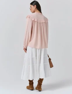 Crepe Tie Neck Ruffle Blouson Sleeve Blouse