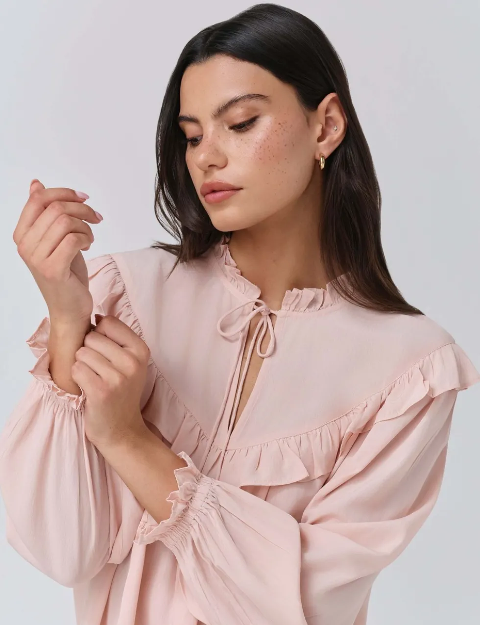 Crepe Tie Neck Ruffle Blouson Sleeve Blouse