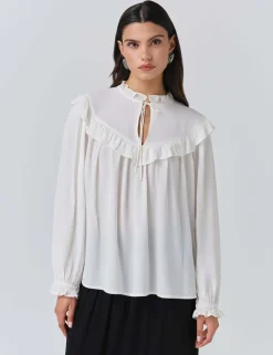 Crepe Tie Neck Ruffle Blouson Sleeve Blouse