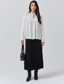 Crepe Tie Neck Ruffle Blouson Sleeve Blouse