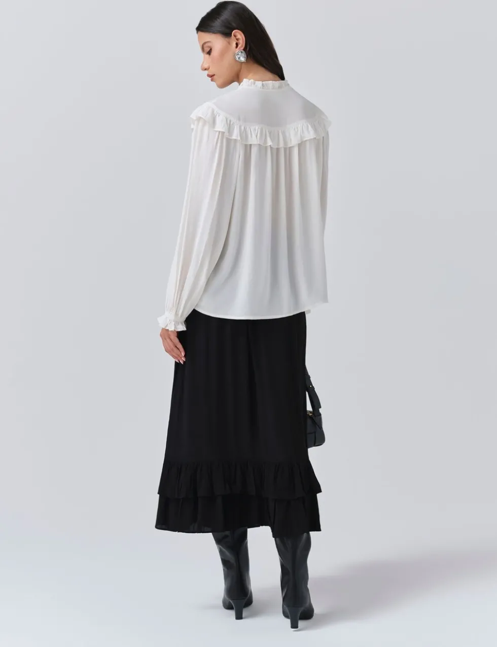 Crepe Tie Neck Ruffle Blouson Sleeve Blouse