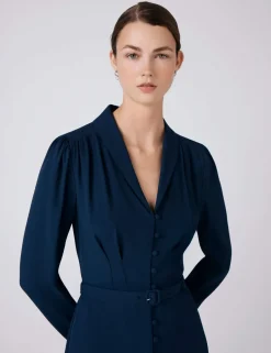 Crepe V-Neck Button Front Midi Waisted Dress