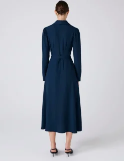Crepe V-Neck Button Front Midi Waisted Dress