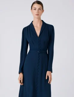 Crepe V-Neck Button Front Midi Waisted Dress