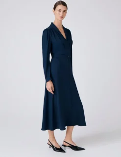 Crepe V-Neck Button Front Midi Waisted Dress
