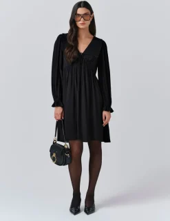 Crepe V-Neck Frill Collar Mini Smock Dress