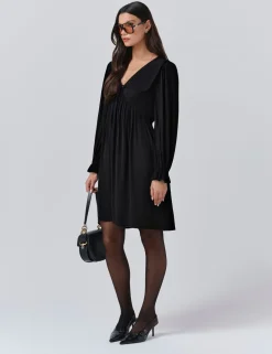 Crepe V-Neck Frill Collar Mini Smock Dress