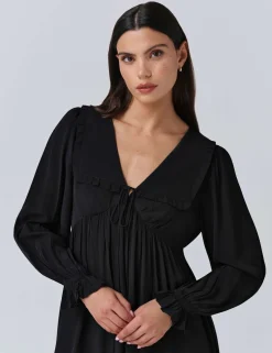 Crepe V-Neck Frill Collar Mini Smock Dress