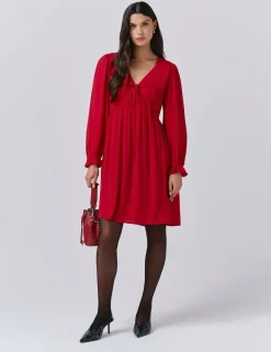 Crepe V-Neck Frill Collar Mini Smock Dress