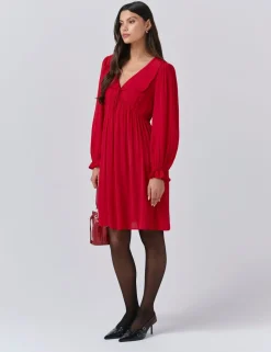 Crepe V-Neck Frill Collar Mini Smock Dress