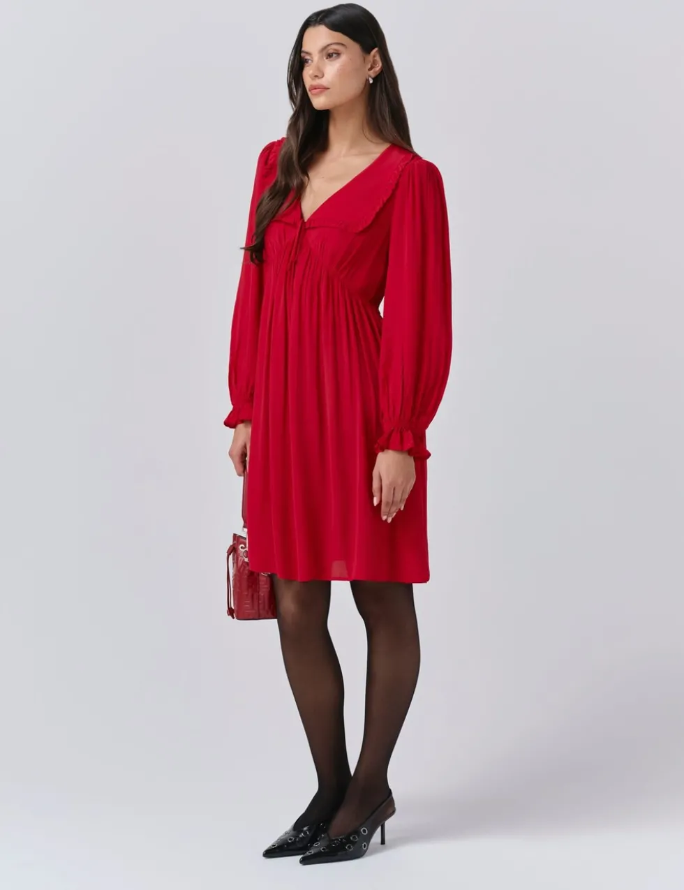 Crepe V-Neck Frill Collar Mini Smock Dress