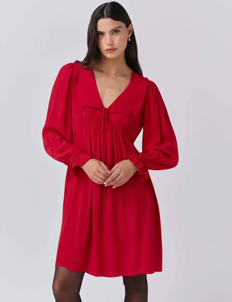 Crepe V-Neck Frill Collar Mini Smock Dress
