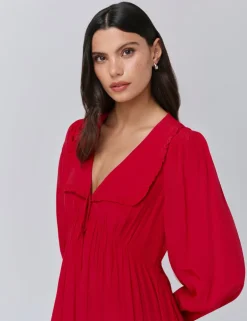 Crepe V-Neck Frill Collar Mini Smock Dress