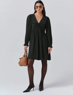 Crepe V-Neck Frill Collar Mini Smock Dress