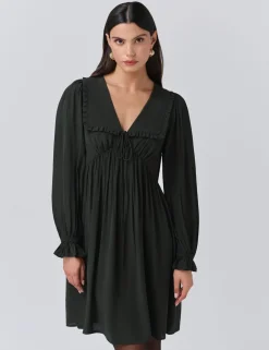 Crepe V-Neck Frill Collar Mini Smock Dress