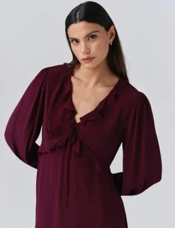 Crepe V-Neck Frill Detail Mini Dress