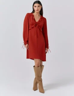 Crepe V-Neck Frill Detail Mini Dress
