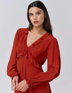 Crepe V-Neck Frill Detail Mini Dress