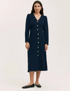 Crepe V-Neck Midi Waisted Dress