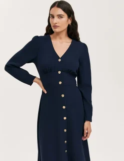 Crepe V-Neck Midi Waisted Dress