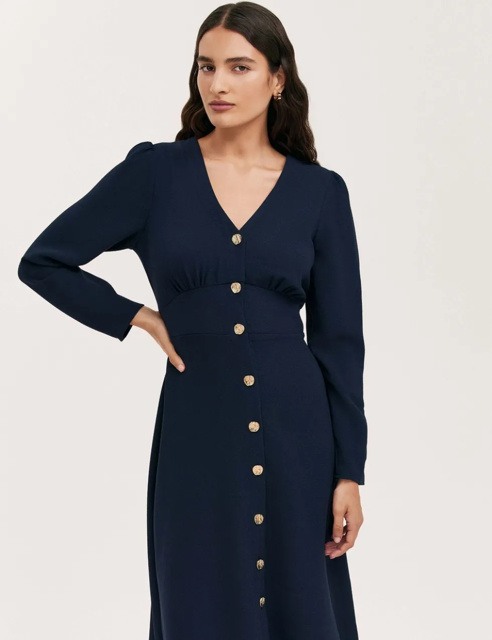 Crepe V-Neck Midi Waisted Dress