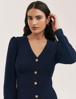 Crepe V-Neck Midi Waisted Dress