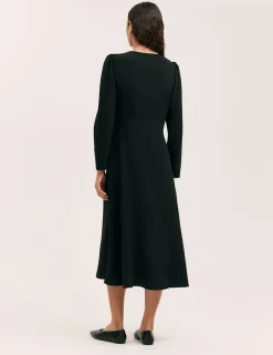 Crepe V-Neck Midi Waisted Dress