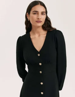 Crepe V-Neck Midi Waisted Dress
