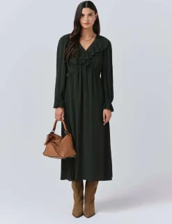 Crepe V-Neck Tie Waist Midi Dress