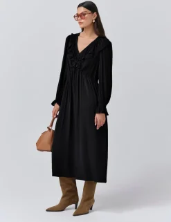 Crepe V-Neck Tie Waist Midi Dress