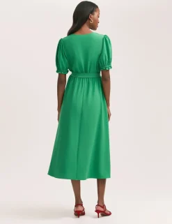 Crepe V-Neck Tie Waist Midi Wrap Dress