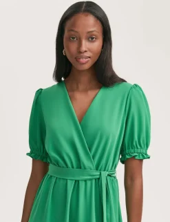 Crepe V-Neck Tie Waist Midi Wrap Dress