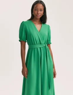 Crepe V-Neck Tie Waist Midi Wrap Dress