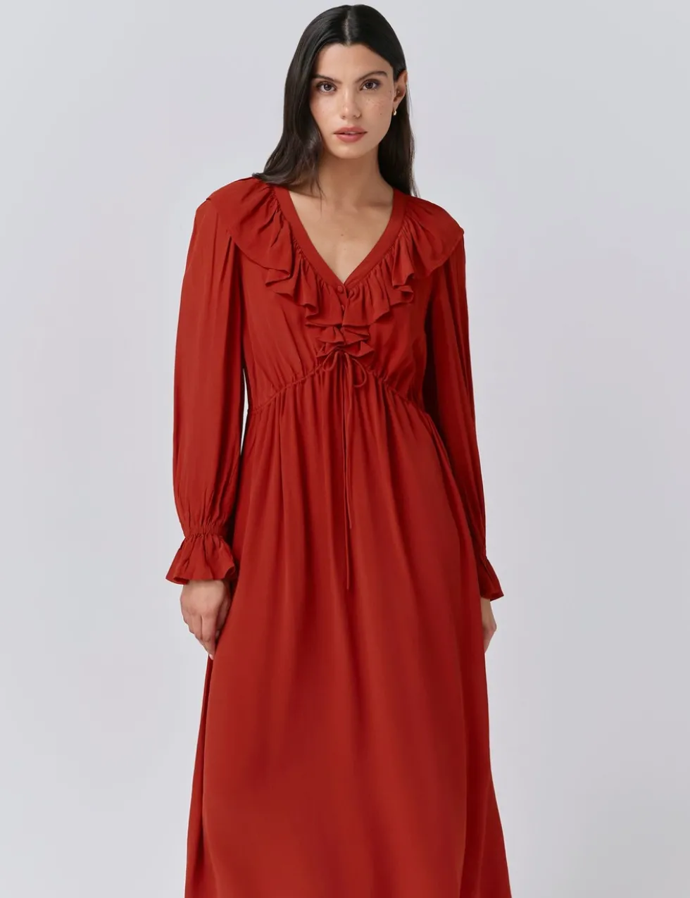 Crepe V-Neck Tie Waist Midi Dress