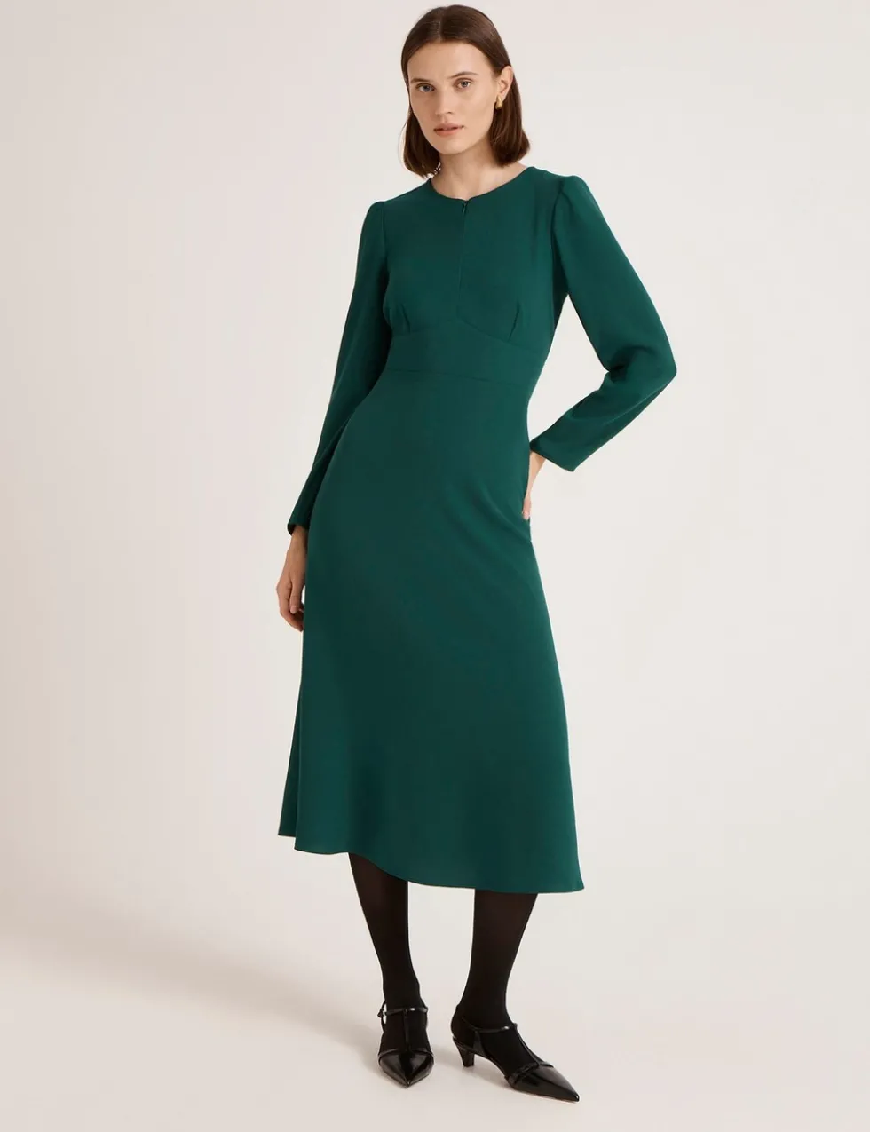 Crepe Zip Front Midi Waisted Dress