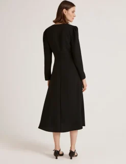 Crepe Zip Front Midi Waisted Dress