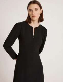 Crepe Zip Front Midi Waisted Dress