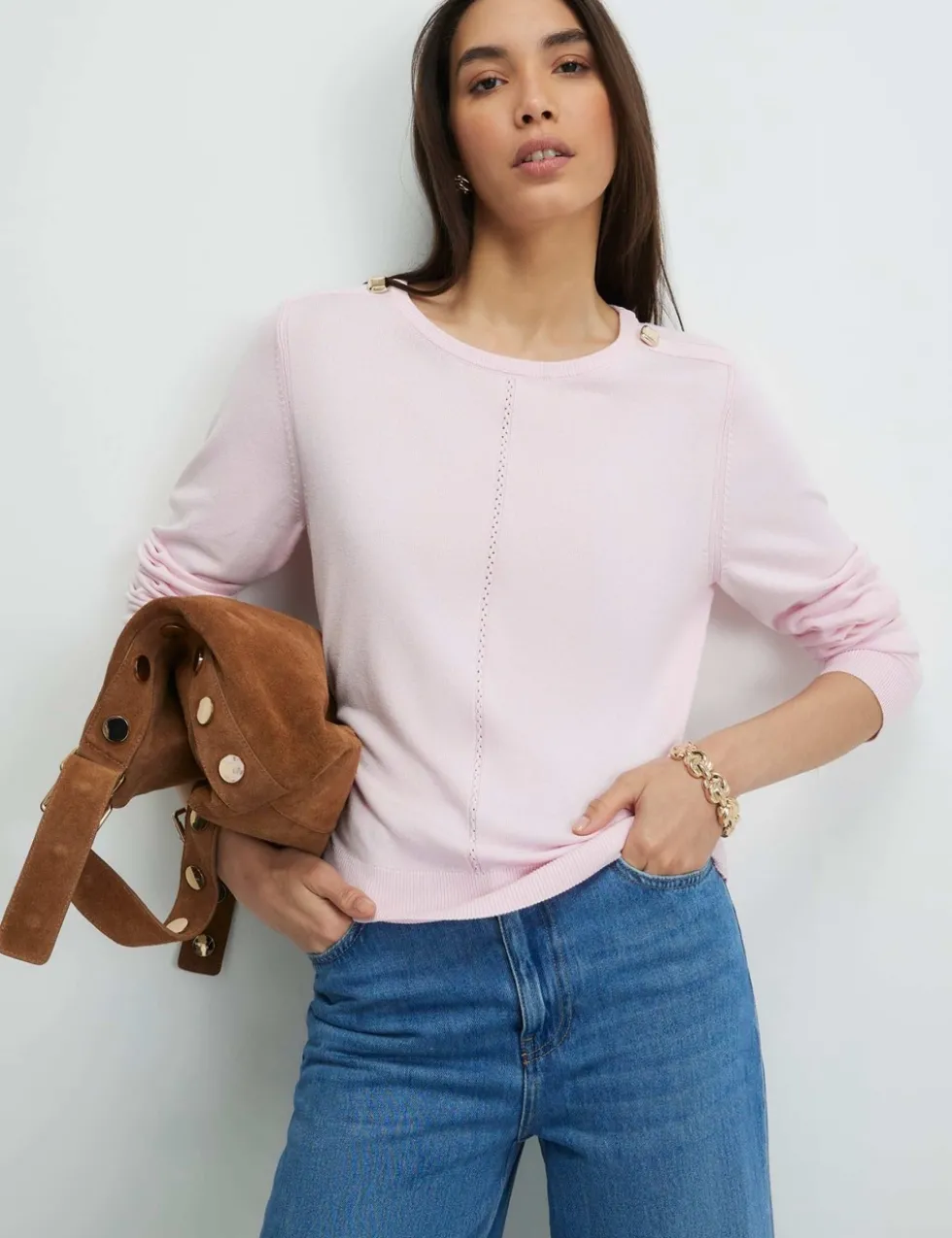 Crew Neck Button Detail Knitted Top