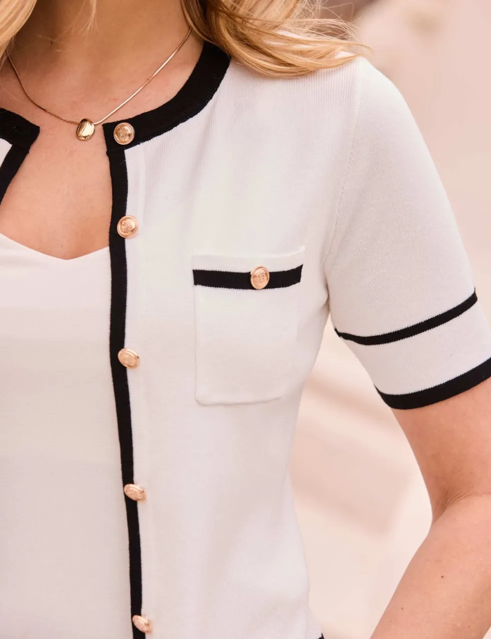 Crew Neck Tipped Detail Cardigan